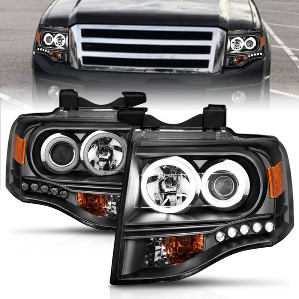 ANZO 2007-2014 Ford Expedition Projector Headlights w/ Halo Black - Bull Strap