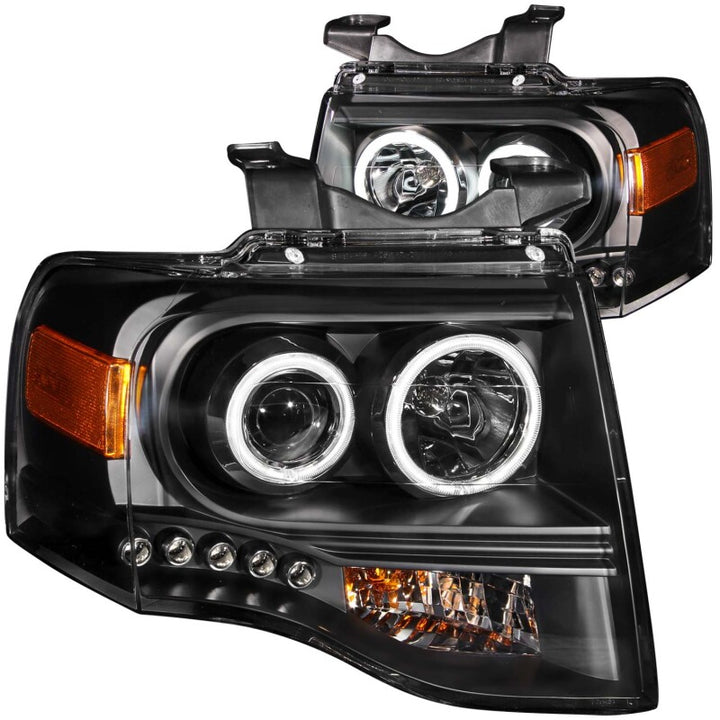 ANZO 2007-2014 Ford Expedition Projector Headlights w/ Halo Black - Bull Strap