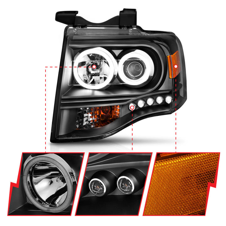 ANZO 2007-2014 Ford Expedition Projector Headlights w/ Halo Black - Bull Strap