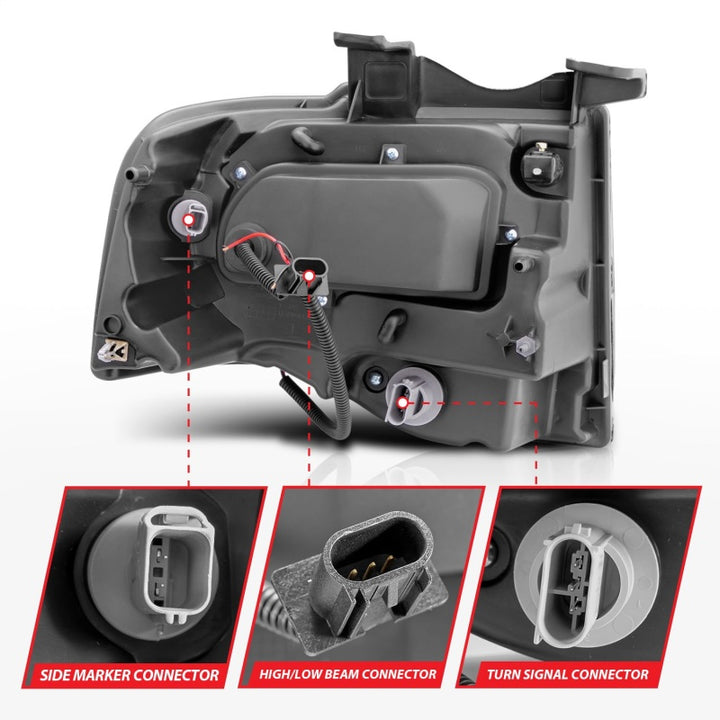 ANZO 2007-2014 Ford Expedition Projector Headlights w/ Halo Black - Bull Strap