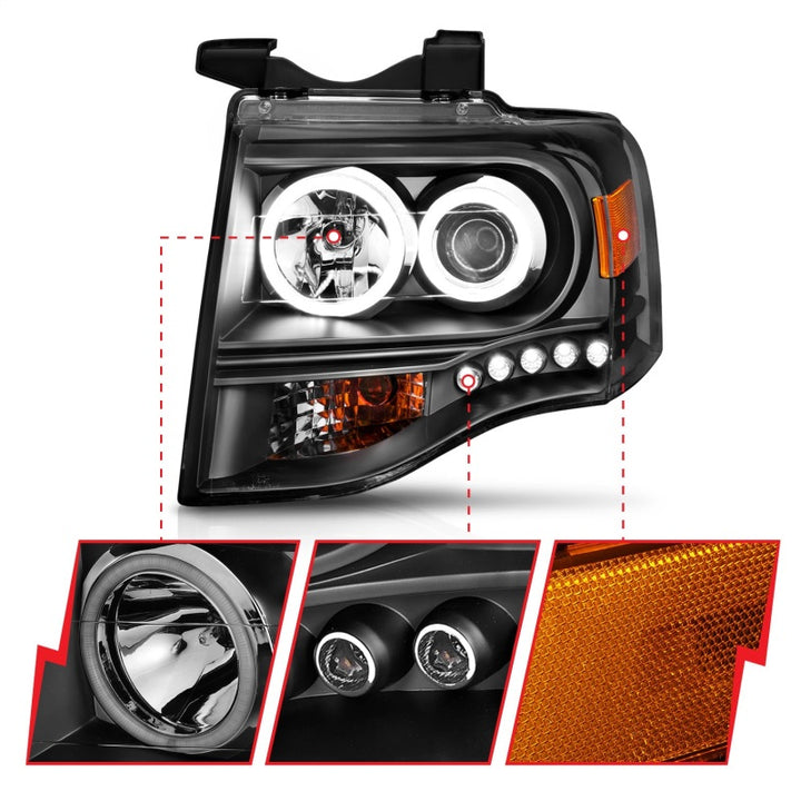 ANZO 2007-2014 Ford Expedition Projector Headlights w/ Halo Black - Bull Strap
