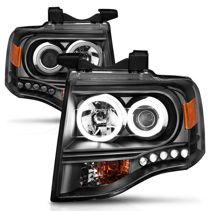 ANZO 2007-2014 Ford Expedition Projector Headlights w/ Halo Black - Bull Strap