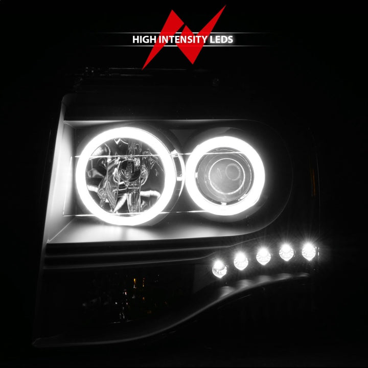 ANZO 2007-2014 Ford Expedition Projector Headlights w/ Halo Black - Bull Strap
