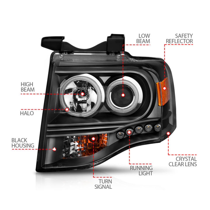 ANZO 2007-2014 Ford Expedition Projector Headlights w/ Halo Black - Bull Strap