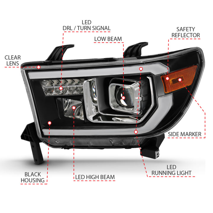 ANZO 2007-2014 Toyota Tundra Projector Light Bar H.L Black Amber(Led High Beam) (Halogen Version) - Bull Strap