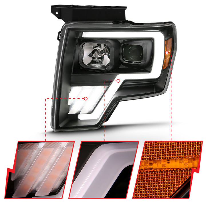 ANZO 2009-2013 Ford F-150 Projector Light Bar G4 Switchback Headlights Black Amber - Bull Strap