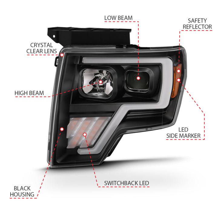 ANZO 2009-2013 Ford F-150 Projector Light Bar G4 Switchback Headlights Black Amber - Bull Strap