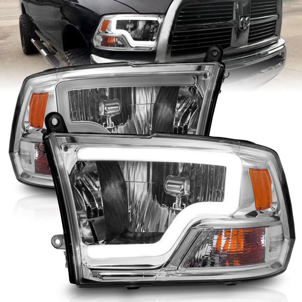 ANZO 2009-2018 Dodge Ram 1500/ 2500/ 3500 Crystal Headlights w/ Light Bar Chrome Housing - Bull Strap