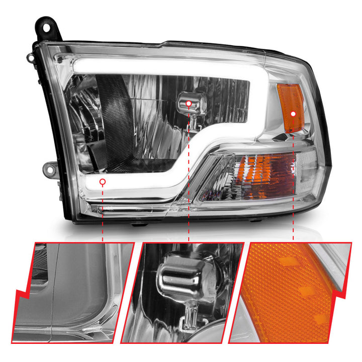 ANZO 2009-2018 Dodge Ram 1500/ 2500/ 3500 Crystal Headlights w/ Light Bar Chrome Housing - Bull Strap