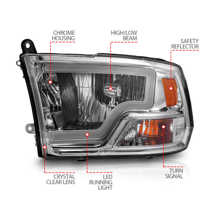 ANZO 2009-2018 Dodge Ram 1500/ 2500/ 3500 Crystal Headlights w/ Light Bar Chrome Housing - Bull Strap