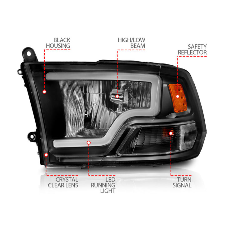 ANZO 2009-2018 Dodge Ram 1500 Crystal Headlights w/ Light Bar Black Housing - Bull Strap