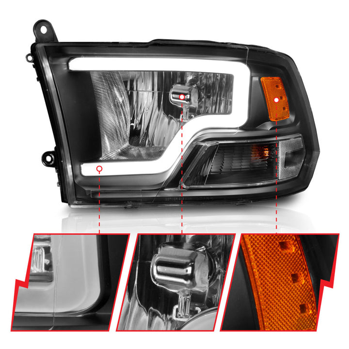 ANZO 2009-2018 Dodge Ram 1500 Crystal Headlights w/ Light Bar Black Housing - Bull Strap