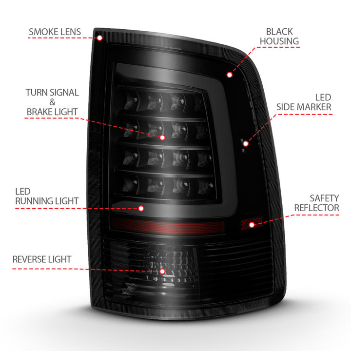 ANZO 2009-2018 Dodge Ram 1500 LED Taillight Plank Style Black w/Smoke Lens - Bull Strap