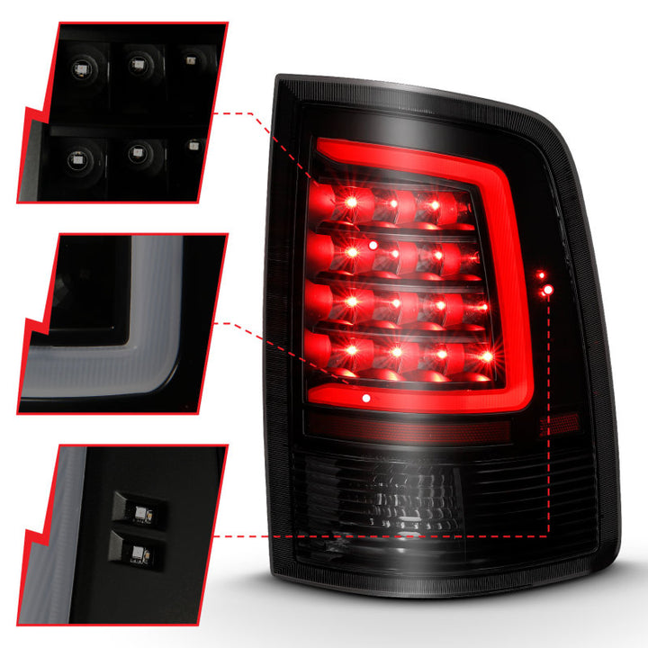 ANZO 2009-2018 Dodge Ram 1500 LED Taillight Plank Style Black w/Smoke Lens - Bull Strap