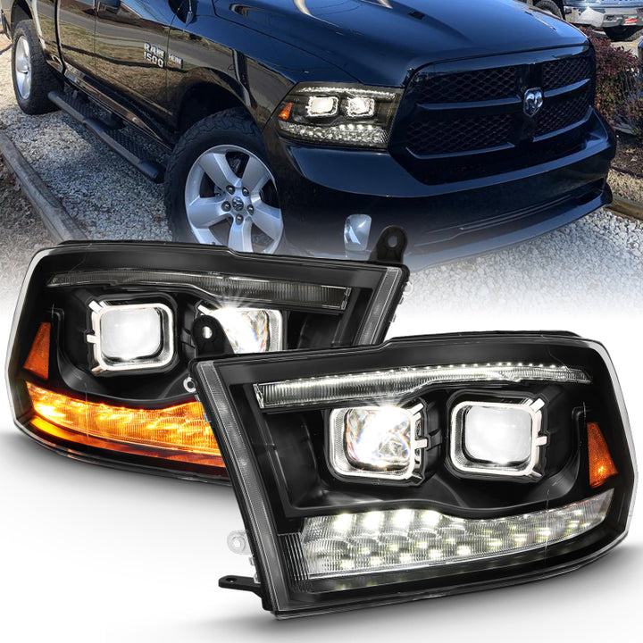 ANZO 2009-2018 Dodge Ram 1500 Led Projector Plank Style Switchback H.L Halo Black Amber (OE Style) - Bull Strap