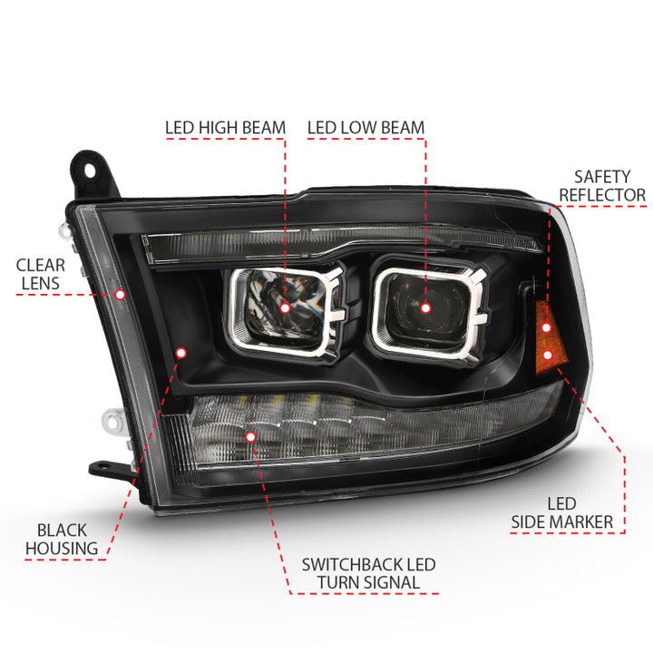 ANZO 2009-2018 Dodge Ram 1500 Led Projector Plank Style Switchback H.L Halo Black Amber (OE Style) - Bull Strap