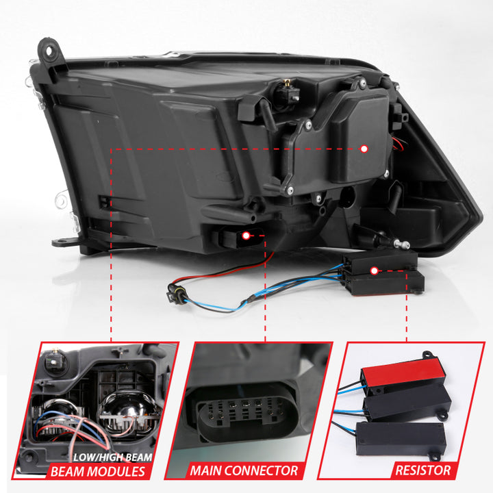 ANZO 2009-2018 Dodge Ram 1500 Led Projector Plank Style Switchback H.L Halo Black Amber (OE Style) - Bull Strap