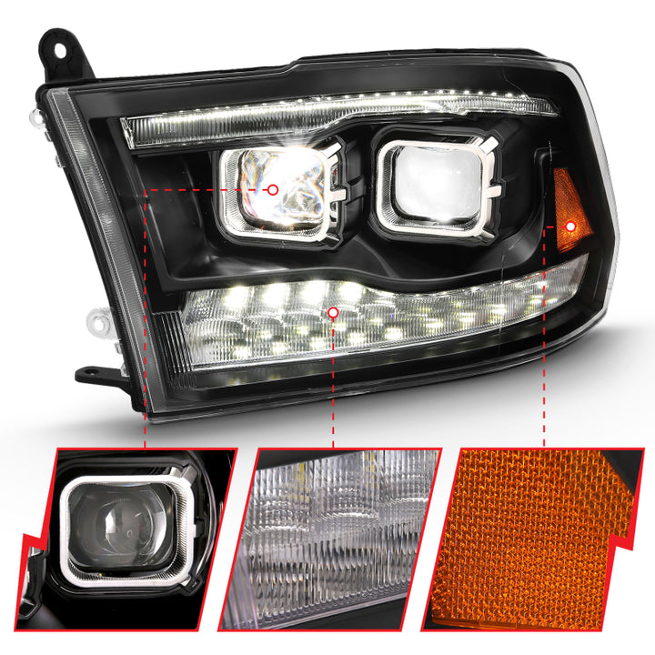 ANZO 2009-2018 Dodge Ram 1500 Led Projector Plank Style Switchback H.L Halo Black Amber (OE Style) - Bull Strap