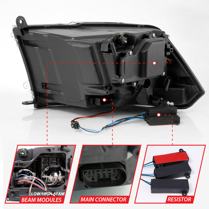 ANZO 2009-2018 Dodge Ram 1500 Led Projector Plank Style Switchback H.L Halo Black Amber (OE Style) - Bull Strap