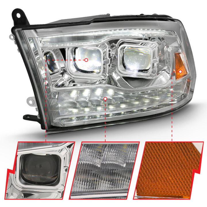 ANZO 2009-2018 Dodge Ram 1500 Led Projector Plank Style Switchback H.L Halo Chrome Amber (OE Style) - Bull Strap