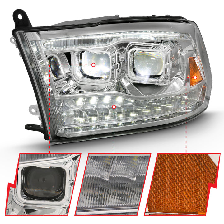 ANZO 2009-2018 Dodge Ram 1500 Led Projector Plank Style Switchback H.L Halo Chrome Amber (OE Style) - Bull Strap