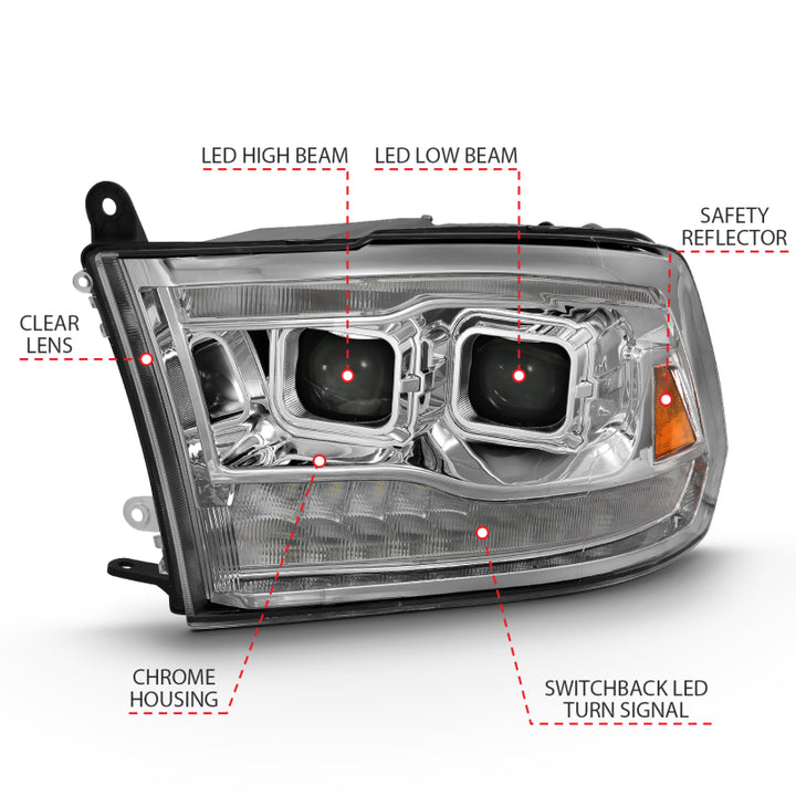 ANZO 2009-2018 Dodge Ram 1500 Led Projector Plank Style Switchback H.L Halo Chrome Amber (OE Style) - Bull Strap
