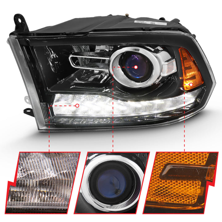 ANZO 2009-2018 Dodge Ram 1500 Projector Plank Style Switchback H.L Halo Black Amber (OE Style) - Bull Strap