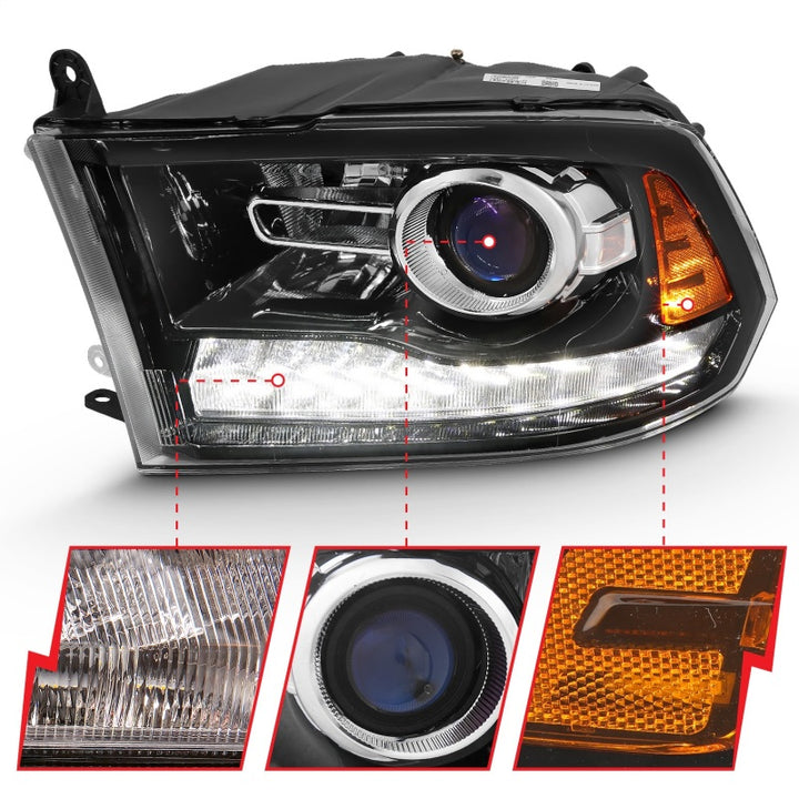 ANZO 2009-2018 Dodge Ram 1500 Projector Plank Style Switchback H.L Halo Black Amber (OE Style) - Bull Strap