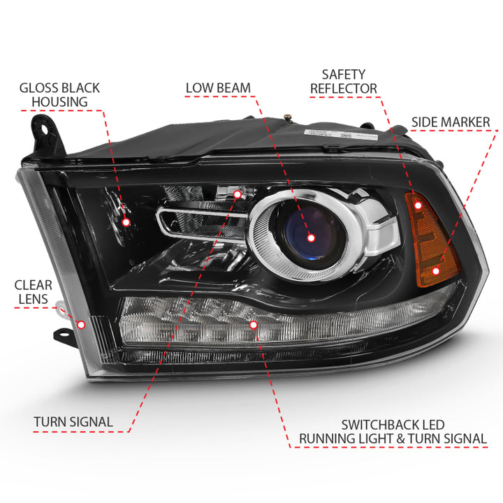 ANZO 2009-2018 Dodge Ram 1500 Projector Plank Style Switchback H.L Halo Black Amber (OE Style) - Bull Strap