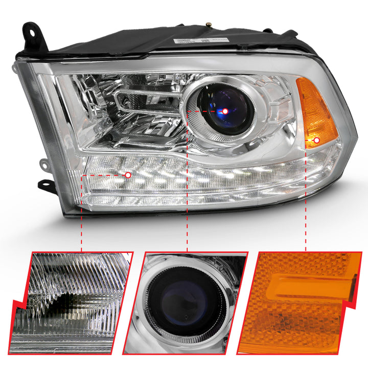 ANZO 2009-2018 Dodge Ram 1500 Projector Plank Style Switchback H.L Halo Chrome Amber (OE Style) - Bull Strap