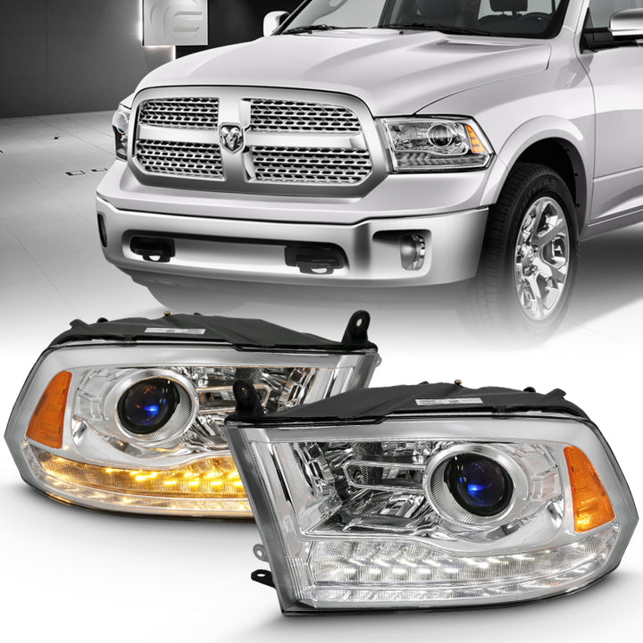 ANZO 2009-2018 Dodge Ram 1500 Projector Plank Style Switchback H.L Halo Chrome Amber (OE Style) - Bull Strap