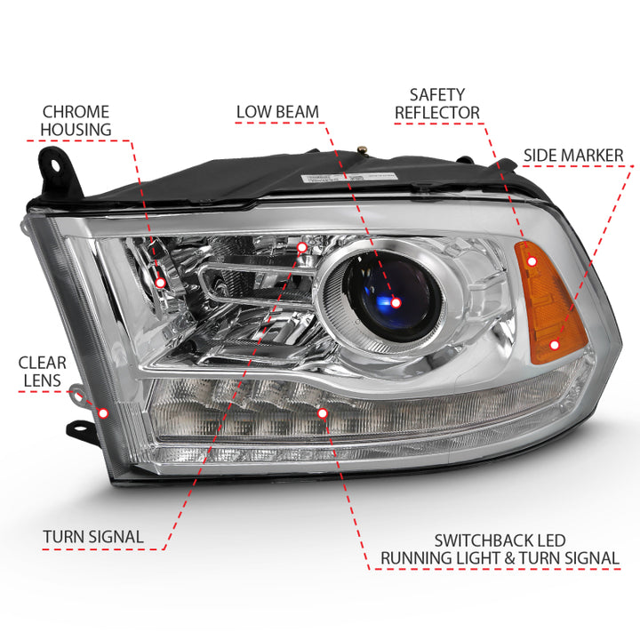 ANZO 2009-2018 Dodge Ram 1500 Projector Plank Style Switchback H.L Halo Chrome Amber (OE Style) - Bull Strap