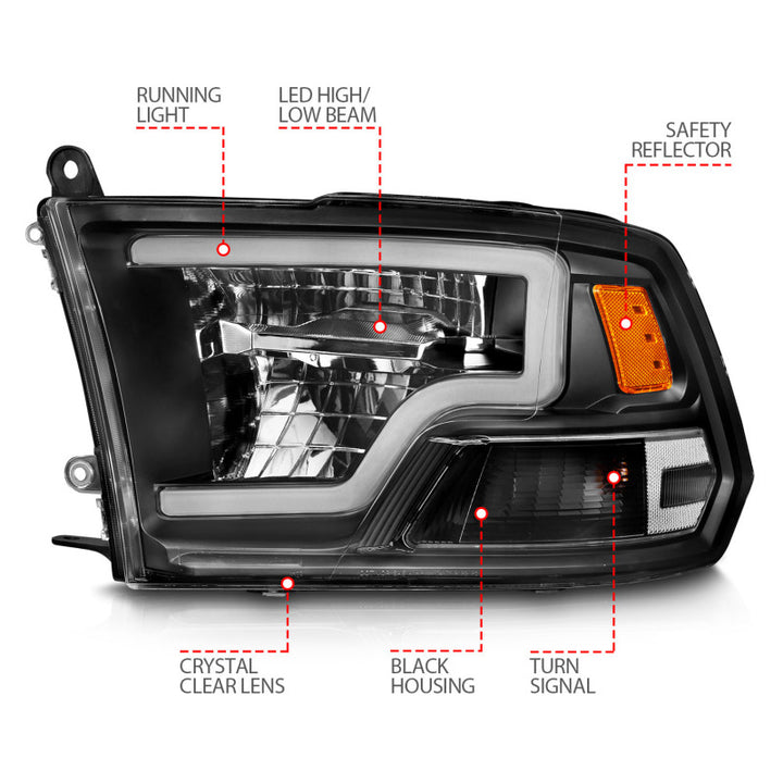 ANZO 2009-2020 Dodge Ram 1500 Full LED Square Projector Headlights w/ Chrome Housing Black Amber - Bull Strap