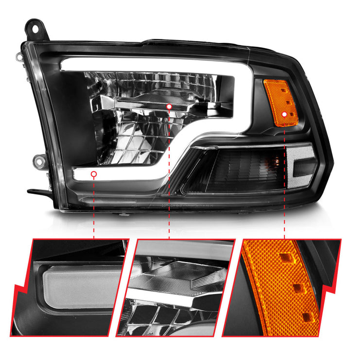 ANZO 2009-2020 Dodge Ram 1500 Full LED Square Projector Headlights w/ Chrome Housing Black Amber - Bull Strap