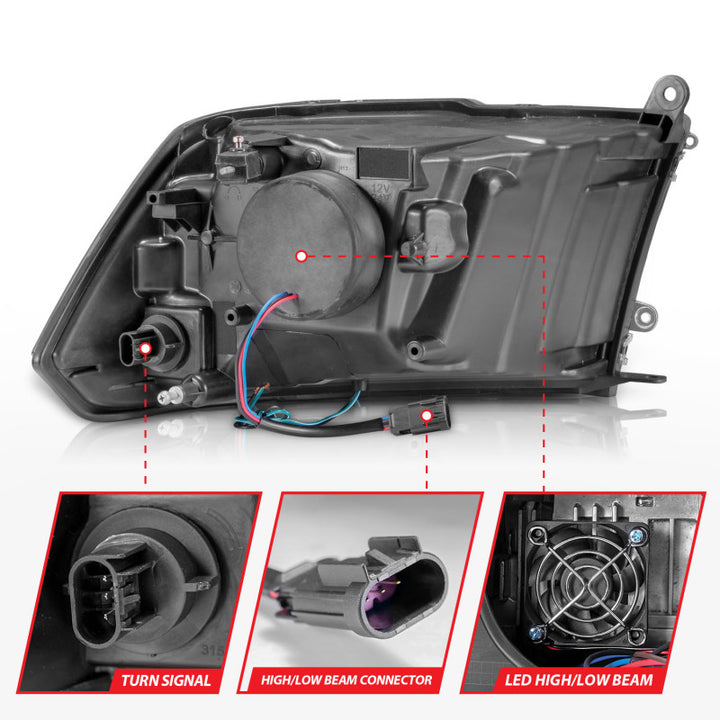 ANZO 2009-2020 Dodge Ram 1500 Full LED Square Projector Headlights w/ Chrome Housing Black Amber - Bull Strap