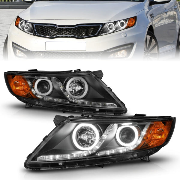 ANZO 2011-2013 Kia Optima Projector Headlights w/ Halo Black (CCFL) - Bull Strap