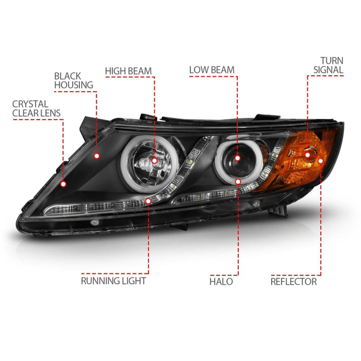 ANZO 2011-2013 Kia Optima Projector Headlights w/ Halo Black (CCFL) - Bull Strap