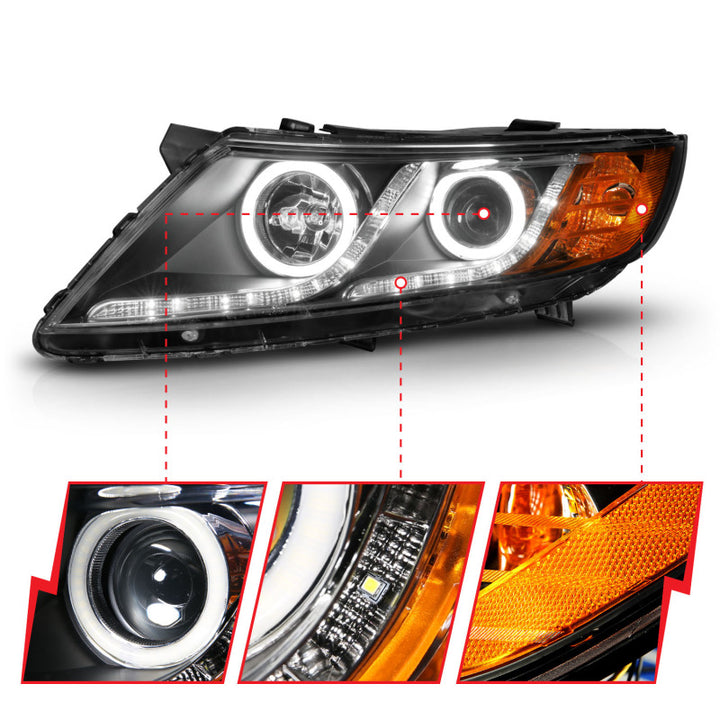 ANZO 2011-2013 Kia Optima Projector Headlights w/ Halo Black (CCFL) - Bull Strap