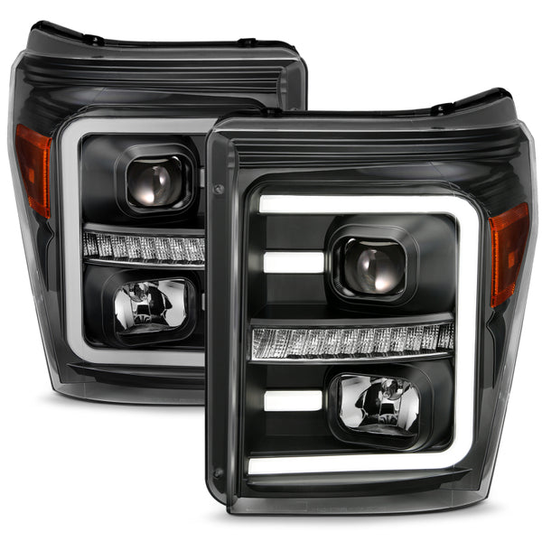 ANZO 2011-2016 Ford F250 Projector Headlights w/ Plank Style Switchback Black w/ Amber - Bull Strap