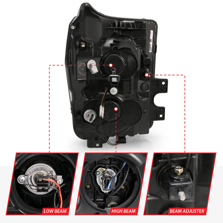 ANZO 2011-2016 Ford F250 Projector Headlights w/ Plank Style Switchback Black w/ Amber - Bull Strap