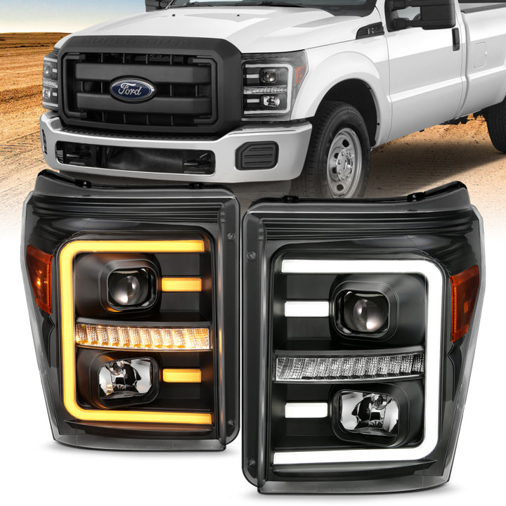 ANZO 2011-2016 Ford F250 Projector Headlights w/ Plank Style Switchback Black w/ Amber - Bull Strap