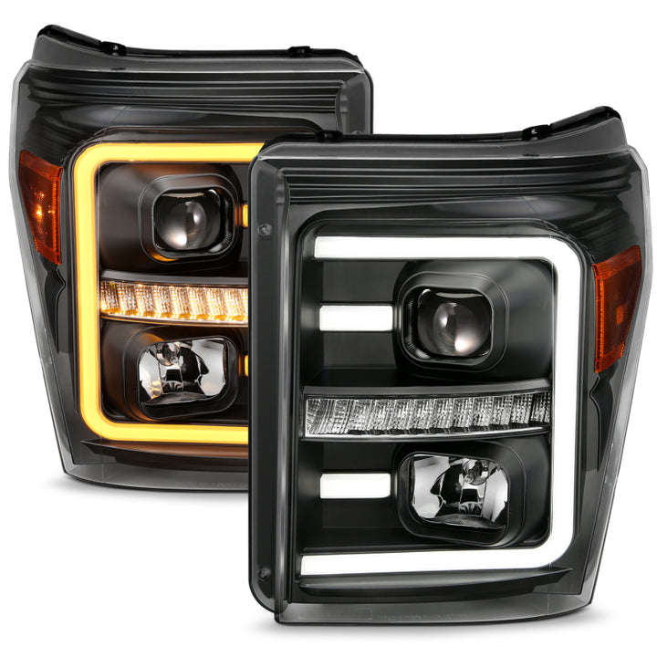 ANZO 2011-2016 Ford F250 Projector Headlights w/ Plank Style Switchback Black w/ Amber - Bull Strap