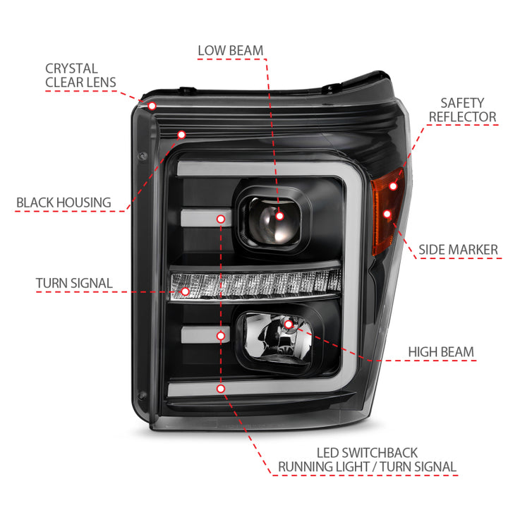 ANZO 2011-2016 Ford F250 Projector Headlights w/ Plank Style Switchback Black w/ Amber - Bull Strap