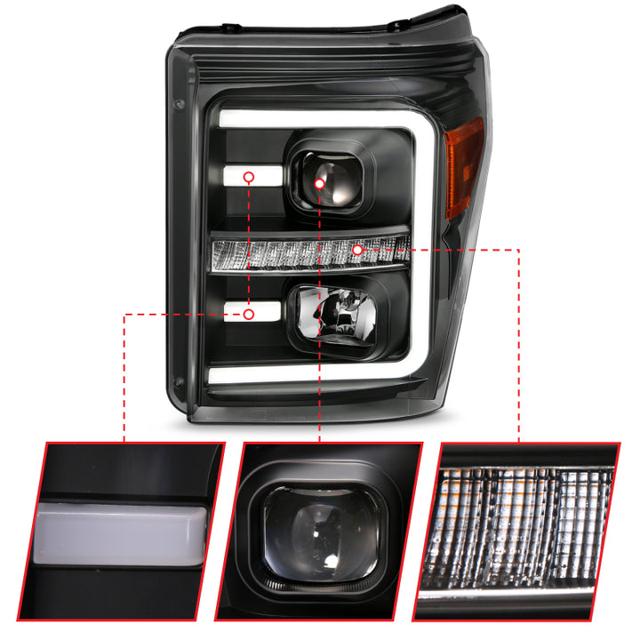 ANZO 2011-2016 Ford F250 Projector Headlights w/ Plank Style Switchback Black w/ Amber - Bull Strap