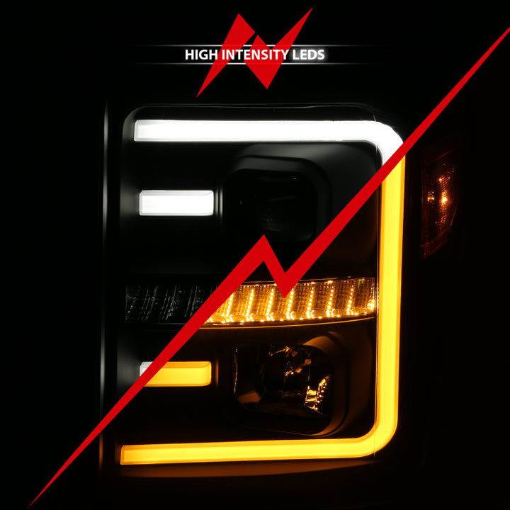 ANZO 2011-2016 Ford F250 Projector Headlights w/ Plank Style Switchback Black w/ Amber - Bull Strap