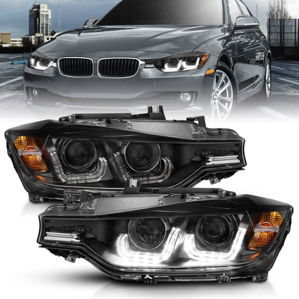 ANZO 2012-2015 BMW 3 Series Projector Headlights w/ U-Bar Black - Bull Strap
