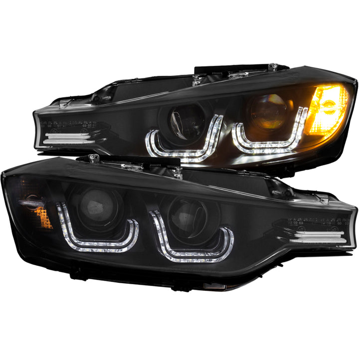 ANZO 2012-2015 BMW 3 Series Projector Headlights w/ U-Bar Black - Bull Strap