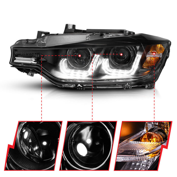 ANZO 2012-2015 BMW 3 Series Projector Headlights w/ U-Bar Black - Bull Strap
