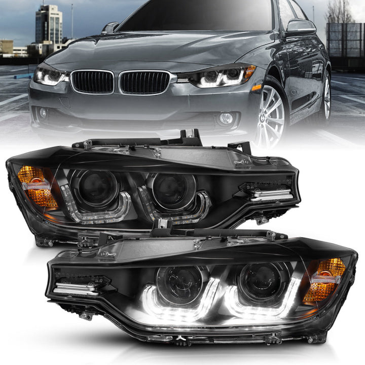 ANZO 2012-2015 BMW 3 Series Projector Headlights w/ U-Bar Black - Bull Strap