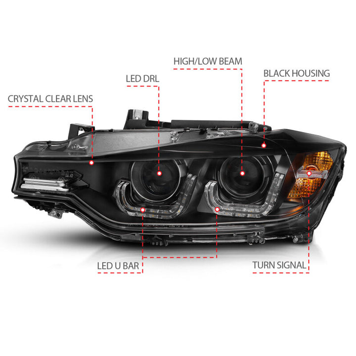 ANZO 2012-2015 BMW 3 Series Projector Headlights w/ U-Bar Black - Bull Strap